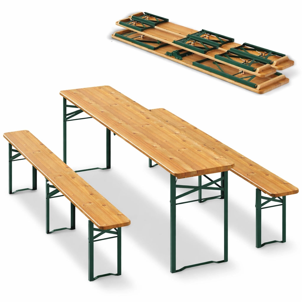Set Birreria con Tavolo 220 cm e 2 Panche Legno Abete Interno Esterno Pieghevole