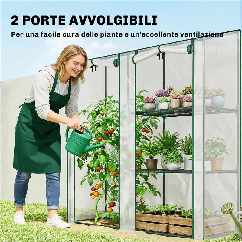 SERRA VERTICALE A 2 SEZIONI CON 3 RIPIANI, IN PLASTICA E ACCIAIO, 143X45X151 CM, VERDE SCURO E TRASPARENTE
