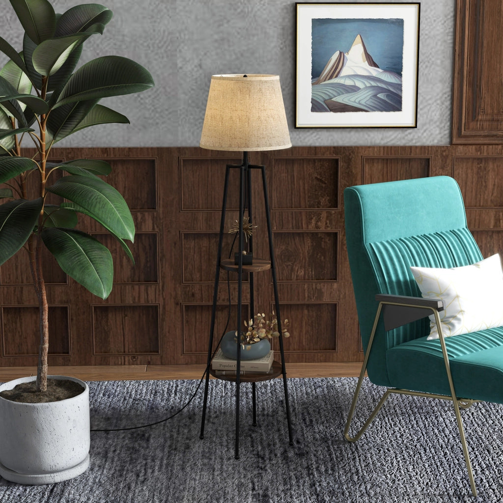 Lampada da Terra a 2 Ripiani in Metallo e MDF con Paralume in Tessuto, ?42x166 cm, Nero e Marrone