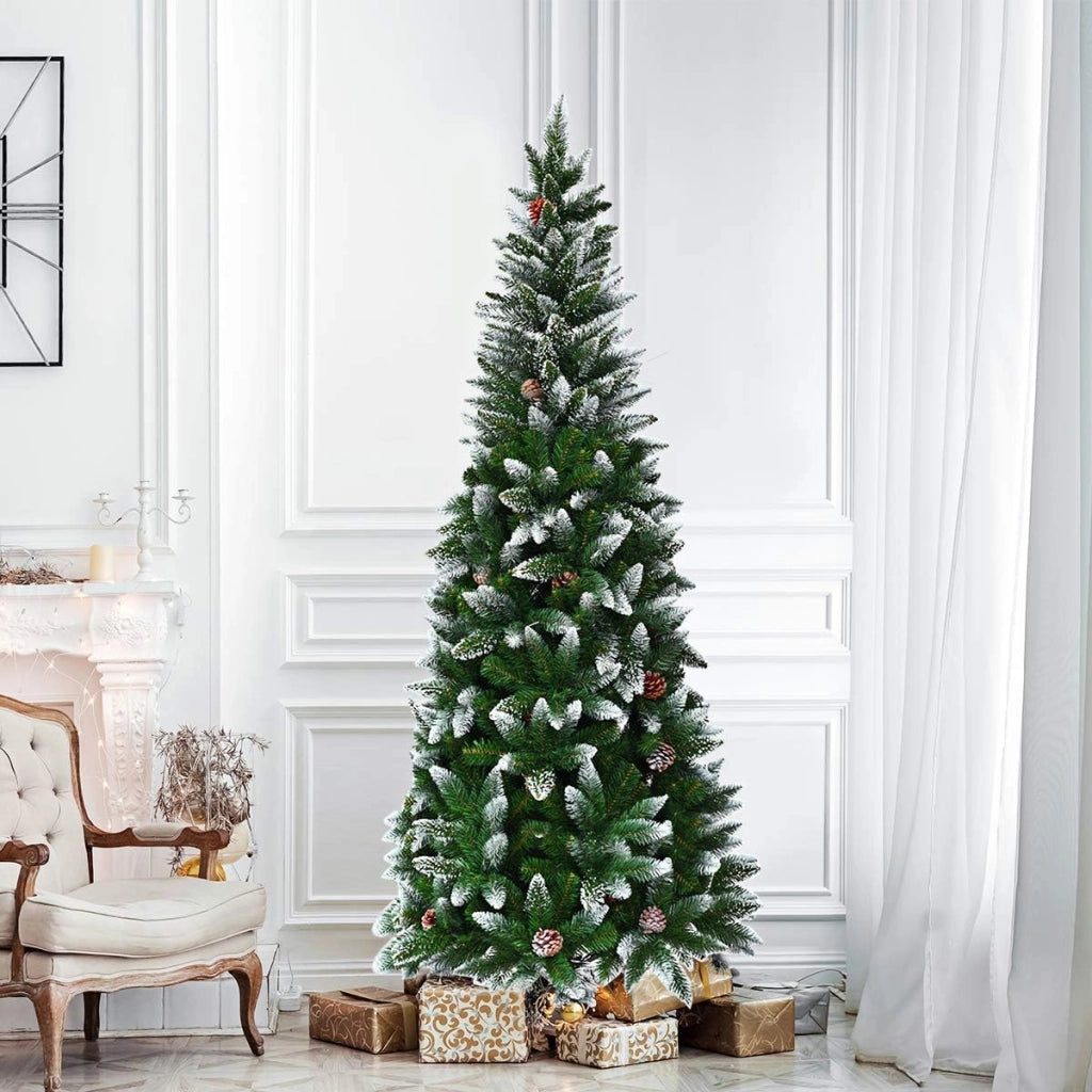 Albero Artificiale di Natale, Albero di Natale Innevato, Abete di Natale in PVC, Albero per Albero Decorativo, con Effetto Realistico, Supporto in Metallo, Facile da Montare, Verde (2,2 M)