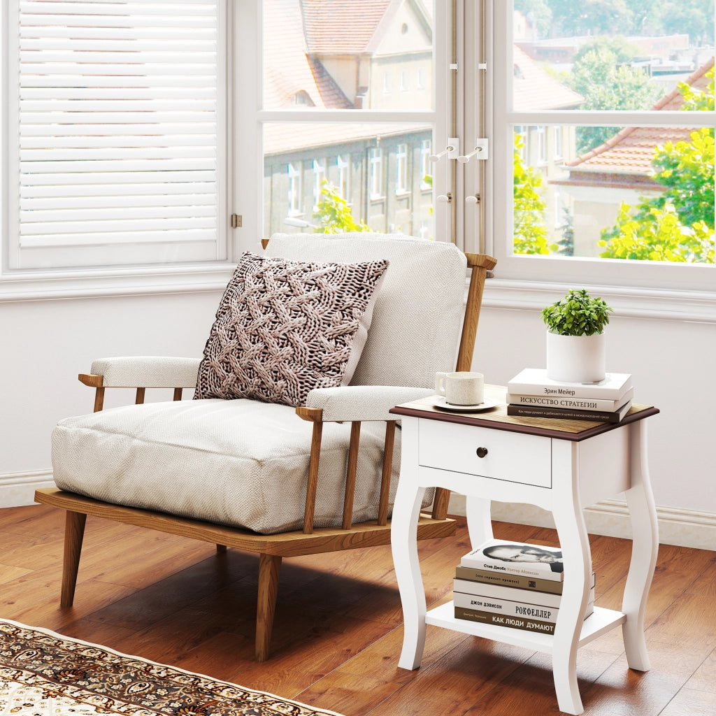 Comodino con cassetto e ripiano aperto ¨C Zephmum ¨C 45x35x55 cm bianco effetto rovere