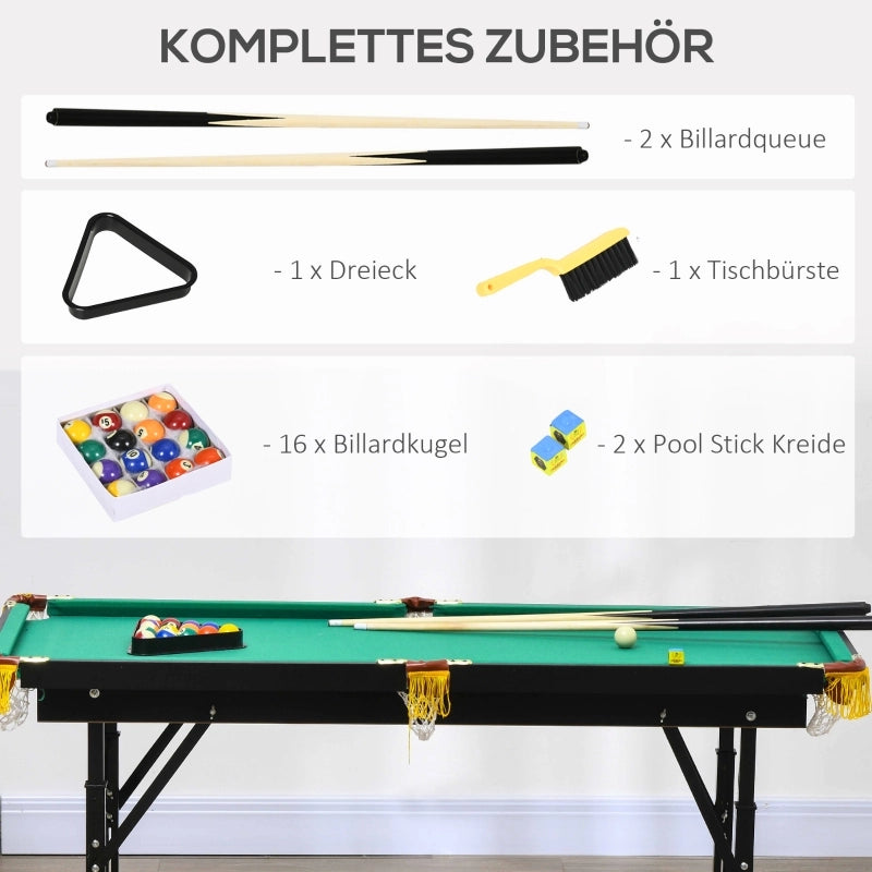 Tavolo da biliardo pieghevole, regolabile in altezza, con triangolo, 2 stecche e 16 palle, colore verde.