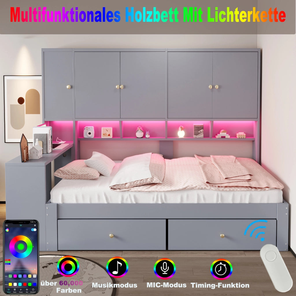 Letto per bambini 90x200 cm con scrivania; LED e prese; 2 cassetti e vani contenitore; MDF grigio