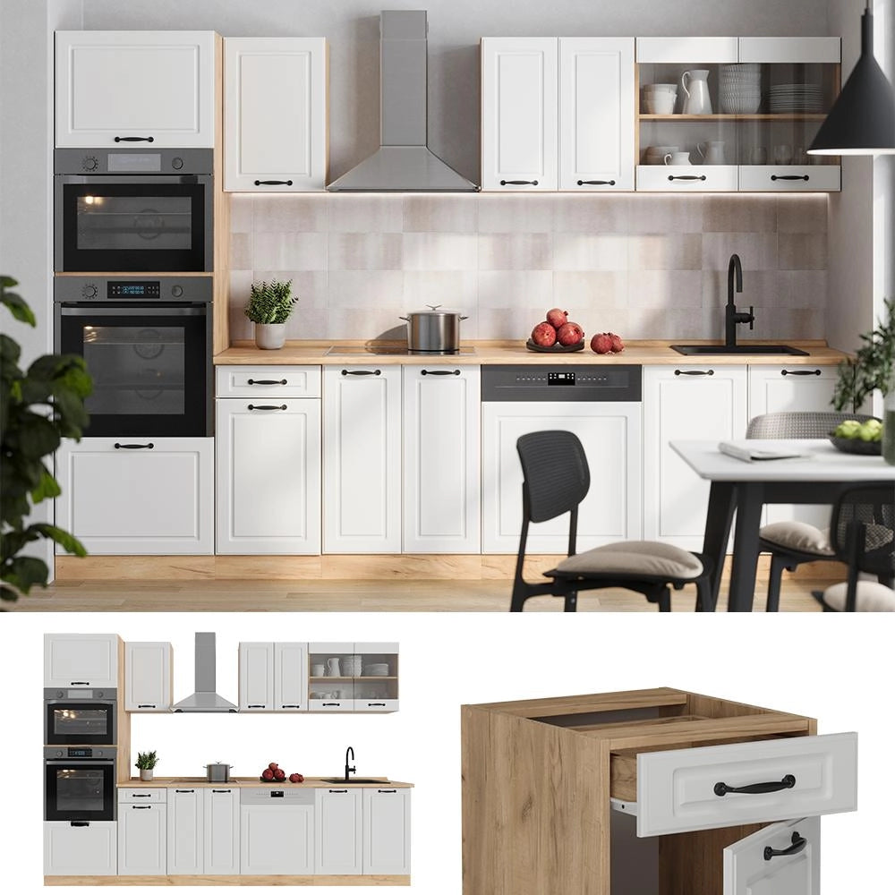 Cucina componibile R-Line Bianco rustico/Rovere dorato 300 cm con armadio alto, PL Antracite Vicco