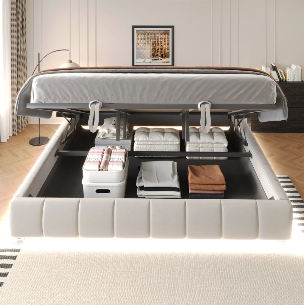 Letto imbottito 180x200 cm con contenitore idraulico e LED