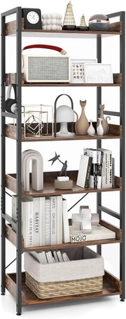 Scaffale a 6 Ripiani, Libreria Industriale Alta 177 cm con Ripiani Aperti e 4 Ganci, Scaffale Multifunzionale e Flessibile per Ufficio Soggiorno Camera da Letto e Cucina