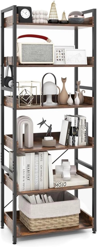 Scaffale a 6 Ripiani, Libreria Industriale Alta 177 cm con Ripiani Aperti e 4 Ganci, Scaffale Multifunzionale e Flessibile per Ufficio Soggiorno Camera da Letto e Cucina