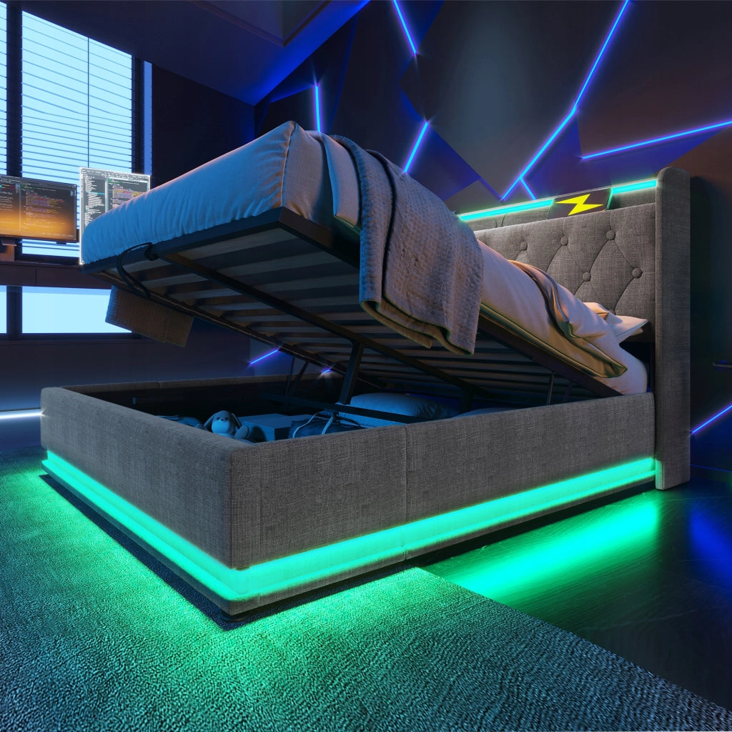 Letto matrimoniale 160x200 - Xylo - LED 360?? con sistema idraulico, grigio con materasso