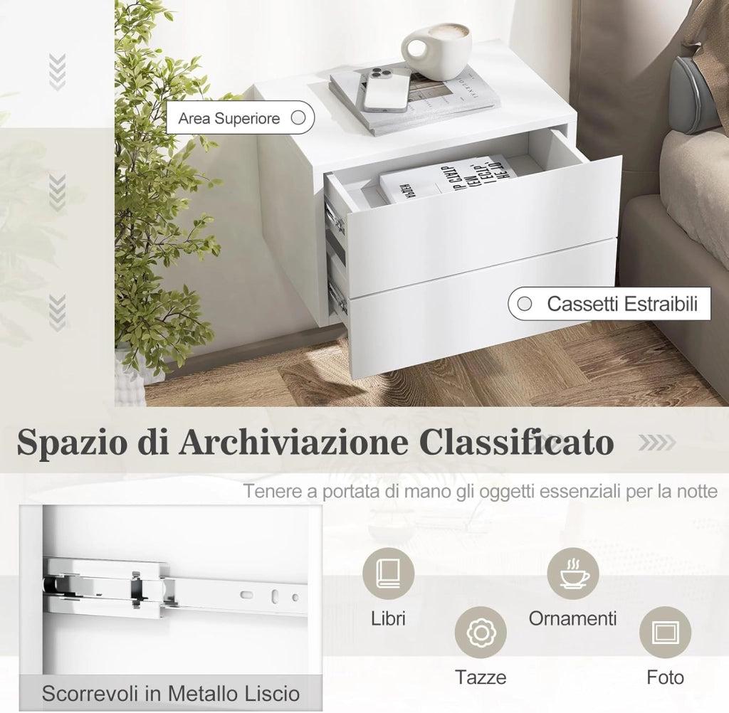 Comodino Camera da Letto Sospeso, Comodino in Legno con 2 Cassetti Salvaspazio, Comodino per Cameretta Moderno da Parete, per Soggiorno, 42 x 30 x 28 cm (Bianco)