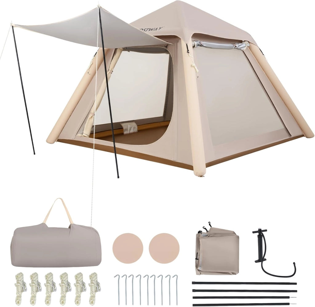 Tenda da Campeggio Gonfiabile, Tenda da Esterno Impermeabile per 2-4 Persone con 2 Porte e Finestre in Rete, Copertura Rimovibile, Pompa ad Aria e Borsa da Trasporto, per Viaggi e Escursionie