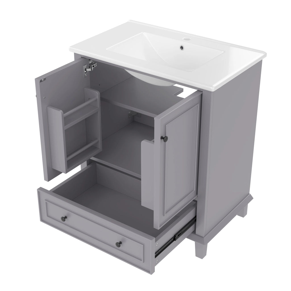 Mobile bagno freestanding 76x46x87 cm con lavabo in ceramica, 2 ante, 1 cassetto, struttura in MDF e gambe in legno massello, grigio