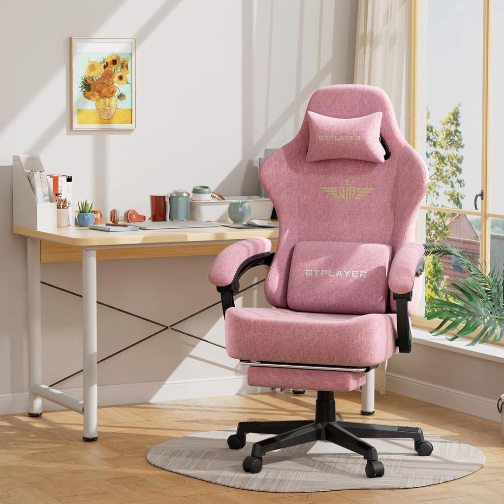 Sedia da gioco, traspirante, sedia da ufficio, ergonomica, in tessuto di alta qualità, ergonomica, schienale regolabile a 160°, poggiapiedi estraibile, carico 180 kg,rosa