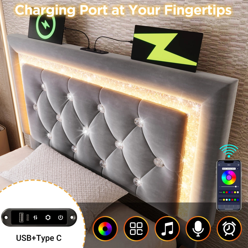 Letto singolo imbottito ULEVR 90x200 cm con contenitore idraulico, LED, USB e USB-C, velluto grigio