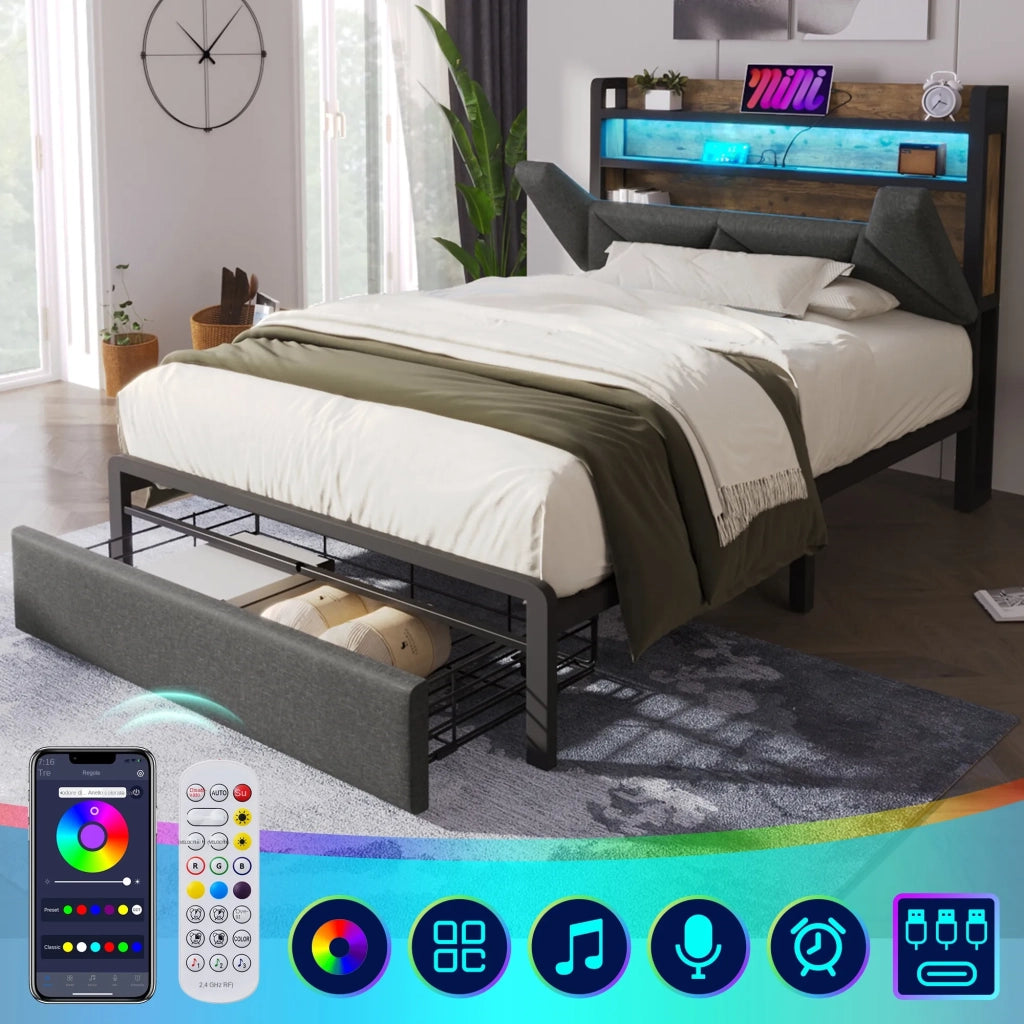 Letto singolo imbottito 90x200 cm con LED; USB e USB-C; testiera contenitore; cassetto e rete; grigio