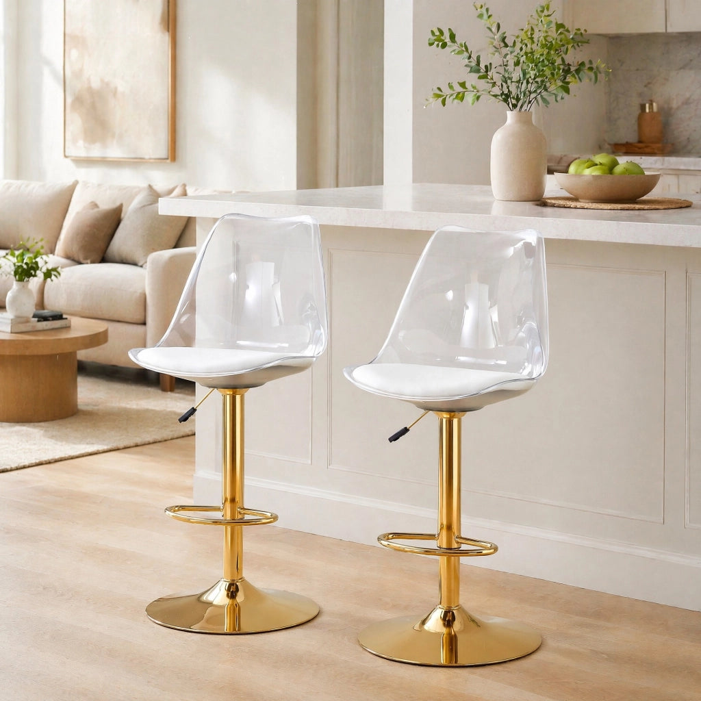 Set di 2 sgabelli da bar moderni con schienale trasparente in metallo e plastica oro; trasparente