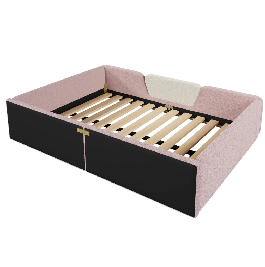 Letto imbottito per bambini 140x190 cm in velluto rosa con sponde removibili