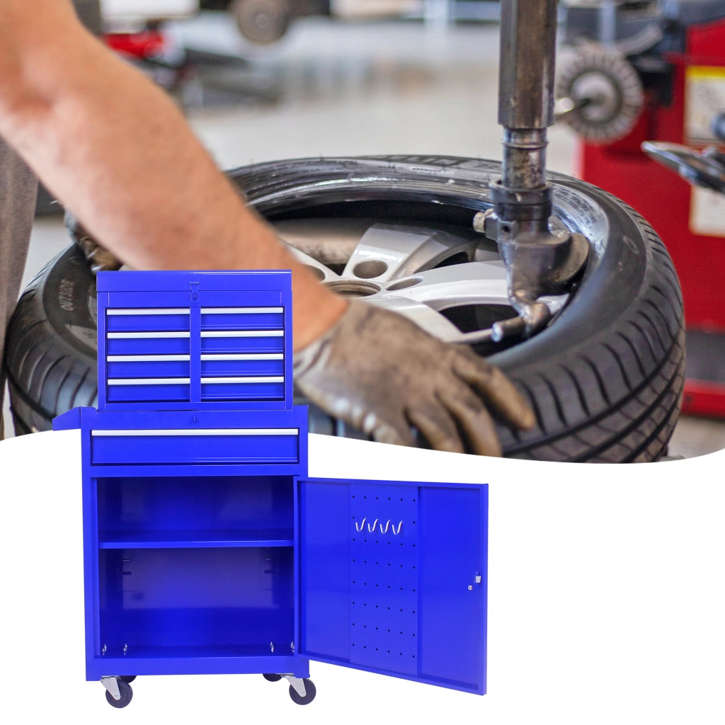 Mobile portautensili con 5 cassetti, 4 ruote e ripiano regolabile, in acciaio, per garage e officina, blu