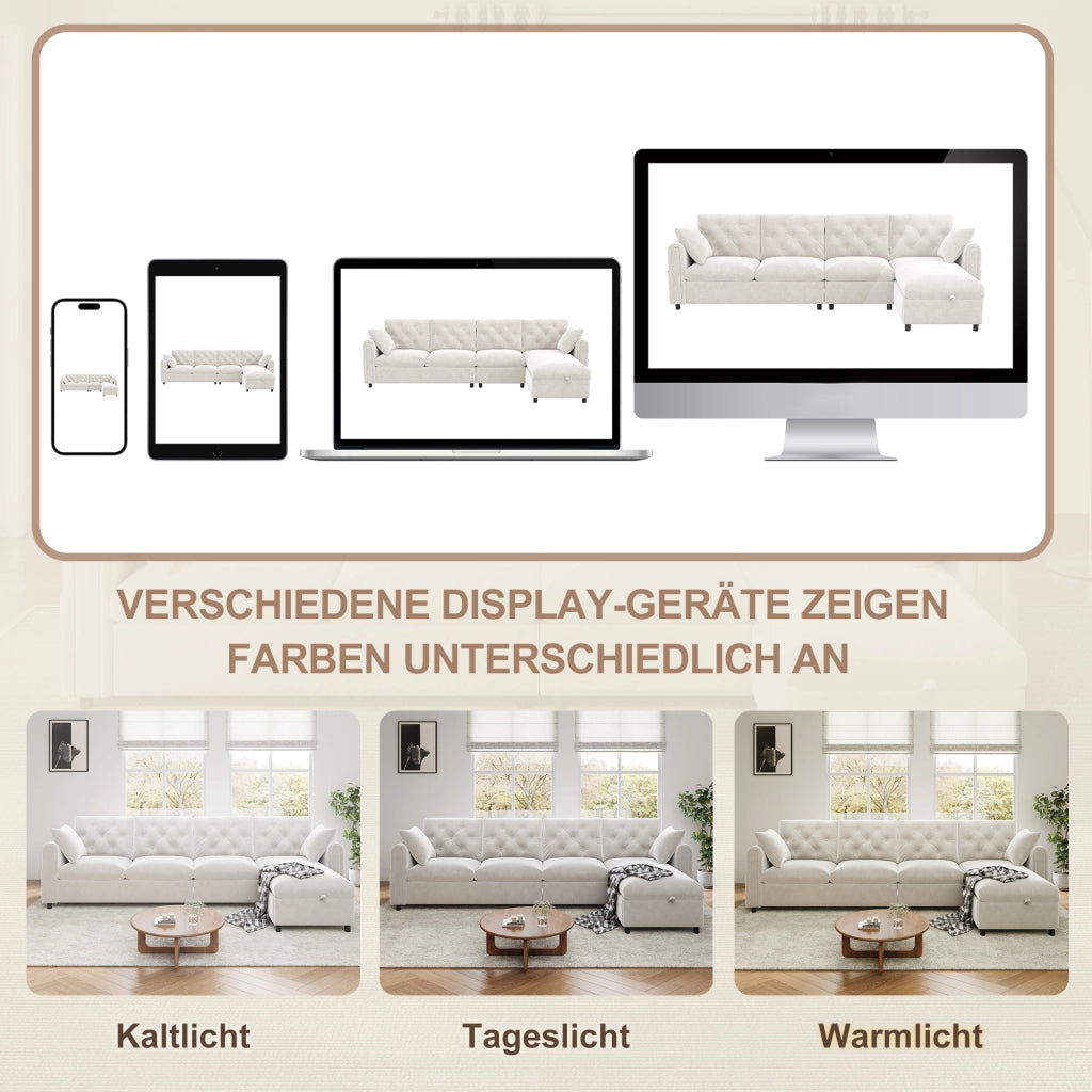 Divano angolare convertibile con vano contenitore e tasca laterale in velluto beige 281 × 132 × 86 cm