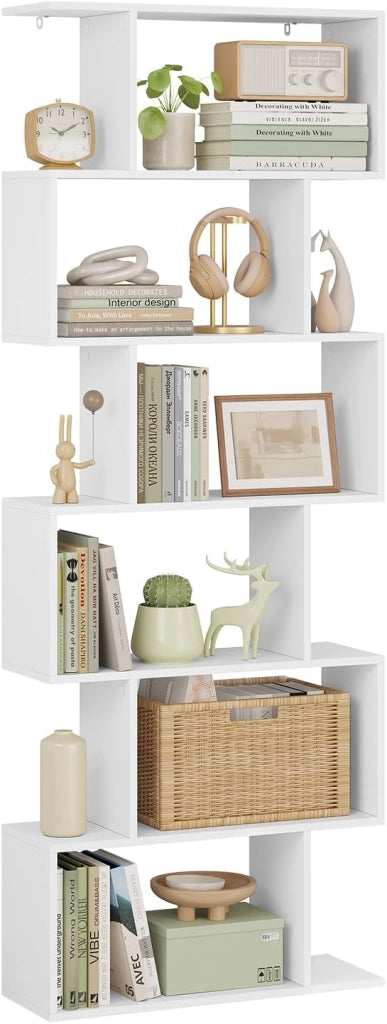 Libreria Verticale a 6 Livelli, 6 Scomparti a Giorno, Scaffale Salvaspazio Bianco, per Camera da Letto, Studio, Ufficio, Soggiorno, Forma di S, in Legno, SK044ws