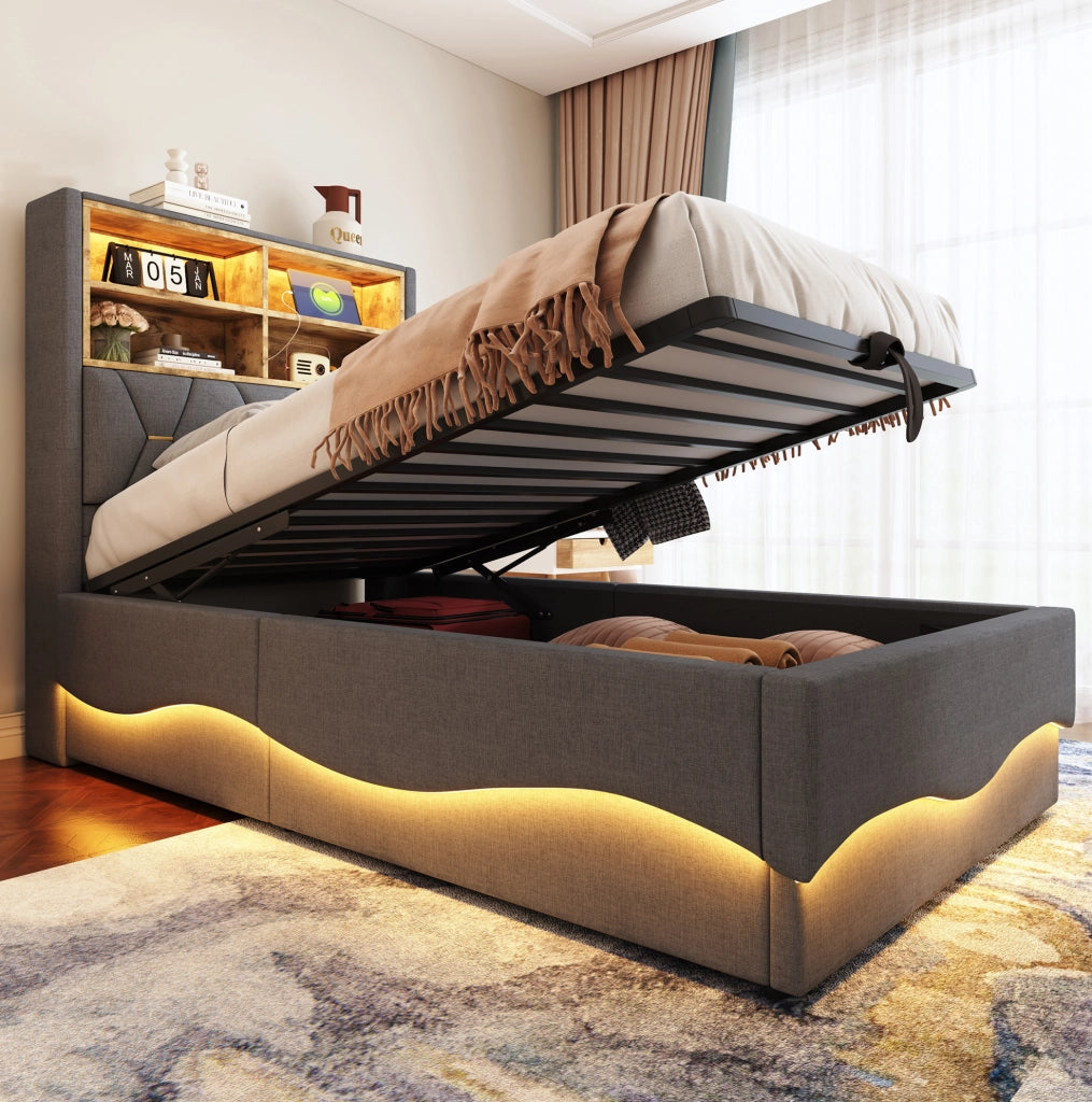Letto per bambini 90x200 cm con contenitore idraulico; LED e USB in lino grigio