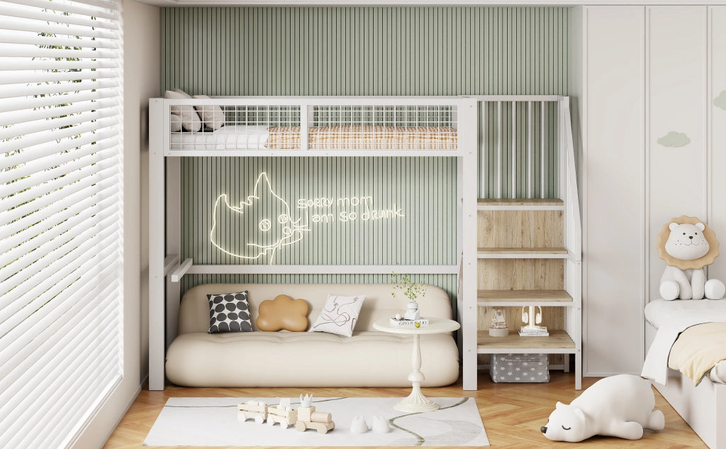 DESMIU Letto a Soppalco Letto Singolo 1 Posto con Scala, Armadio e Ripiani 90 × 200 cm, Senza Materasso, Bianco