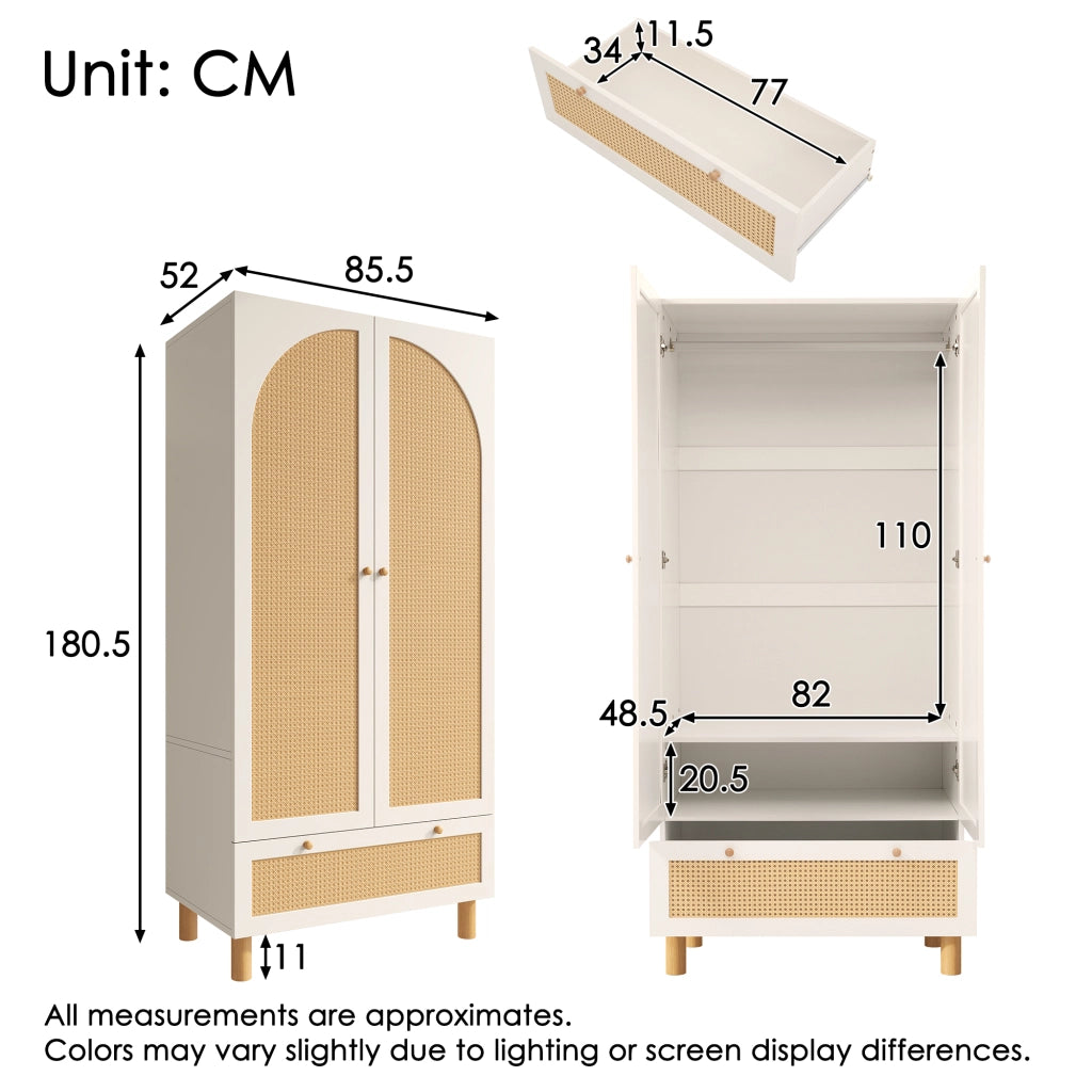 ARMADIO 180.5x85.5x52 cm Bianco con rattan, 2 porte e cassetto