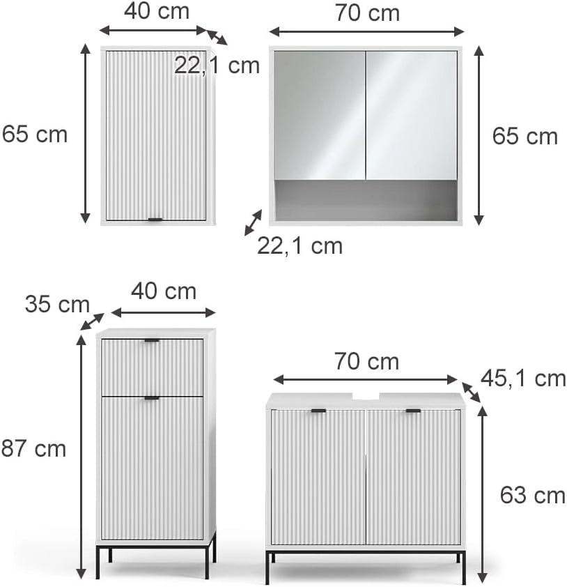 Set di mobili da bagno Eliza, Bianco, 70 cm, composto da mobile sottolavabo, specchiera, armadio medio e pensile
