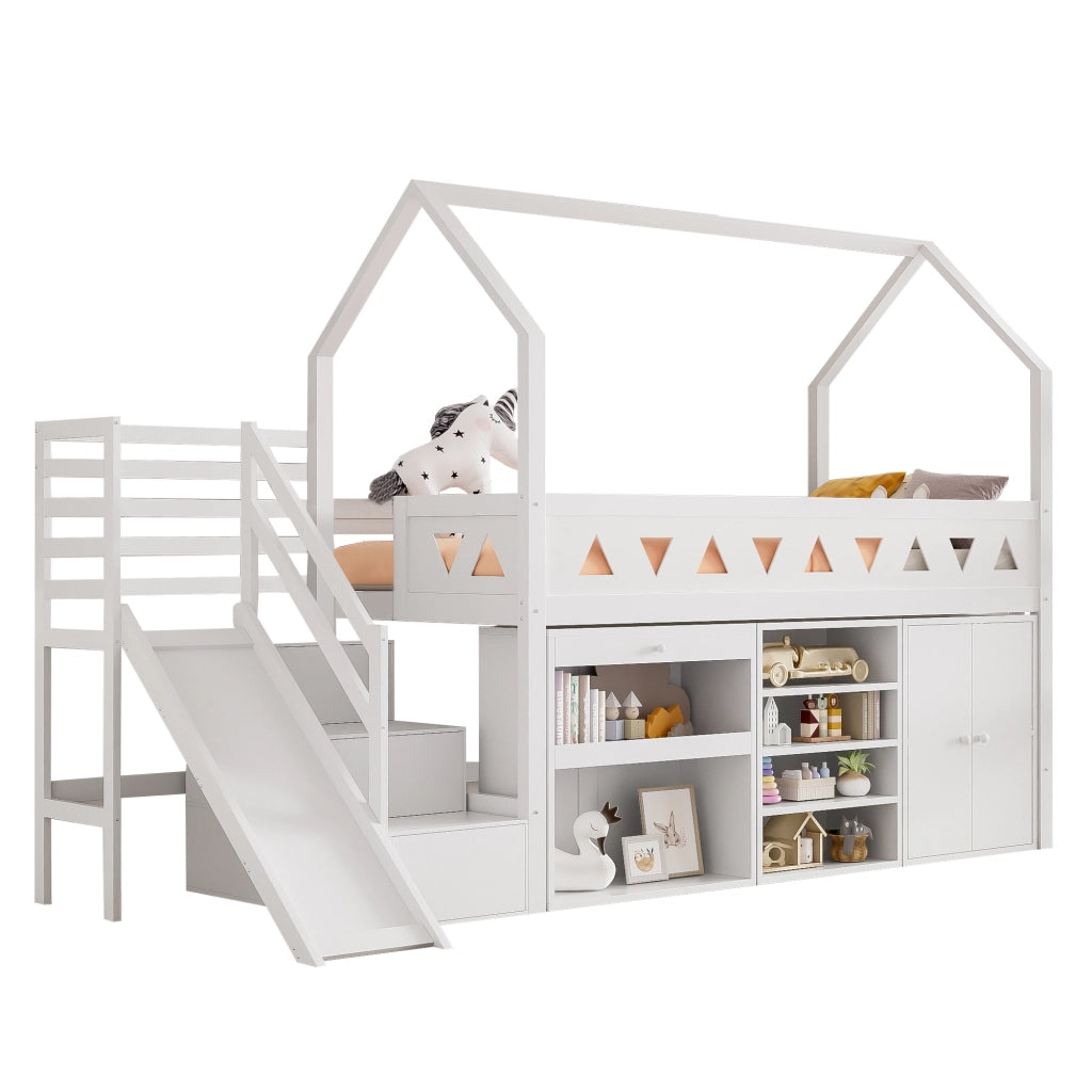 LETTO per bambini con scivolo e scale 90x200 cm Bianco in legno massello