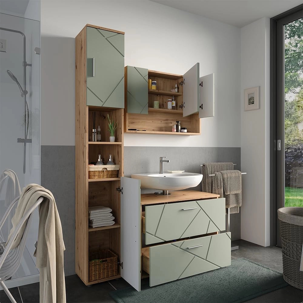 Set di mobili da bagno Irma, Verde salvia, 80 cm, composto da mobile sottolavabo, specchiera e colonna alta