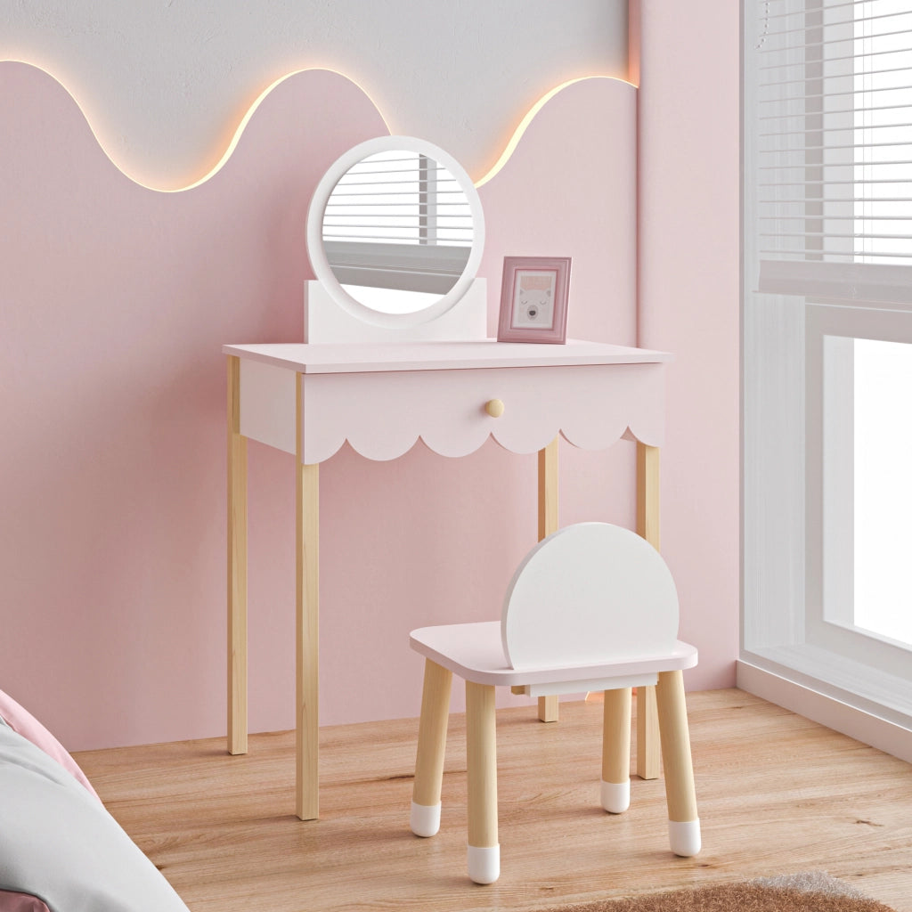 Set di Toeletta Vestnes Tavolino da Trucco con Sedia per Cameretta - Rosa/Bianco [en.casa]