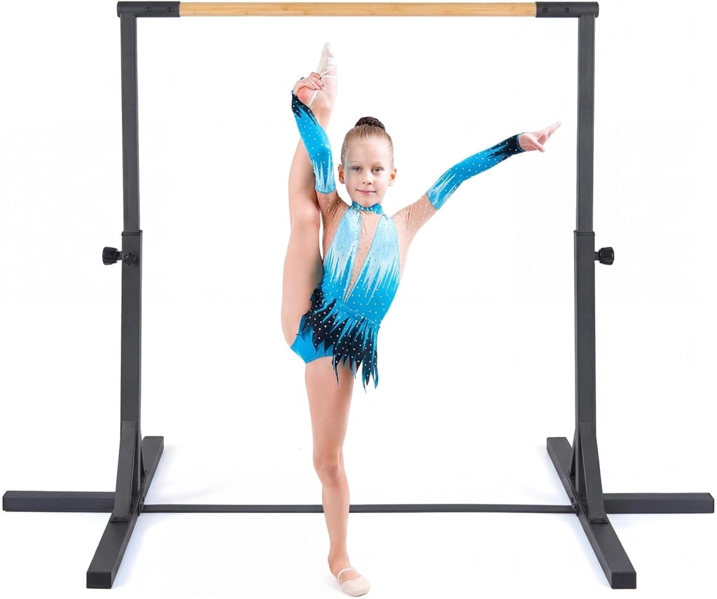 Sbarra per Ginnastica e Danza per Bambini e Bambine, Barra Ginnastica in Metallo e bambù Portatile e Regolabile in Altezza con Cuscinetti Antiscivolo, 195 x 121 x 85-145 cm