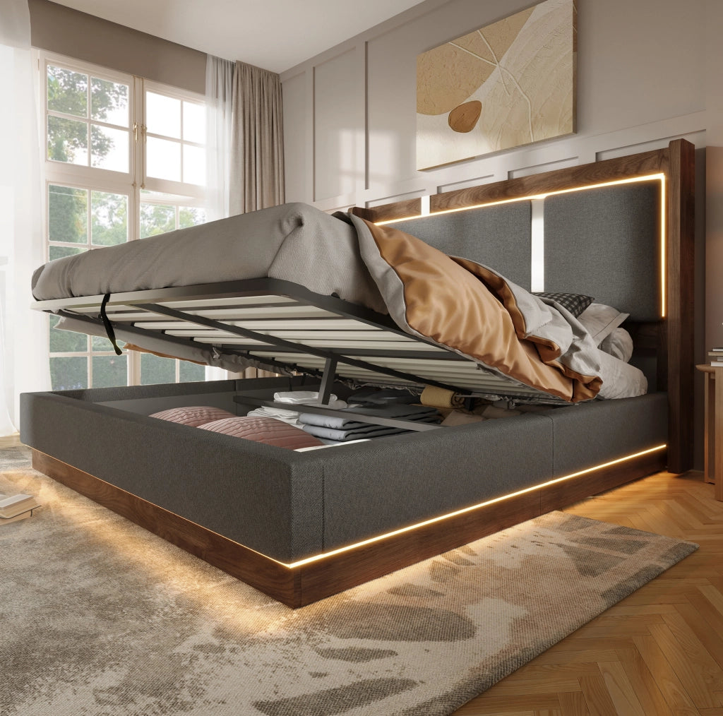 Letto imbottito 140x200 con LED, vano contenitore e rete a doghe