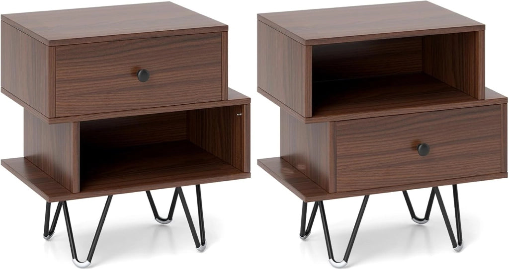 Set di 2 Comodini, Tavolini da Letto in Stile Moderno con Cassetto Rimovibile e Scomparto Aperto, Tavolini da Accento con Gambe in Metallo per Camera da Letto (Noce)