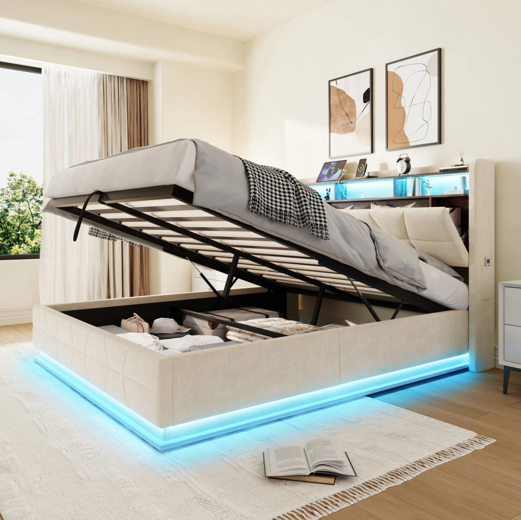 Letto matrimoniale 140x200 cm in velluto beige con LED; contenitore nella testiera e presa USB Type-C
