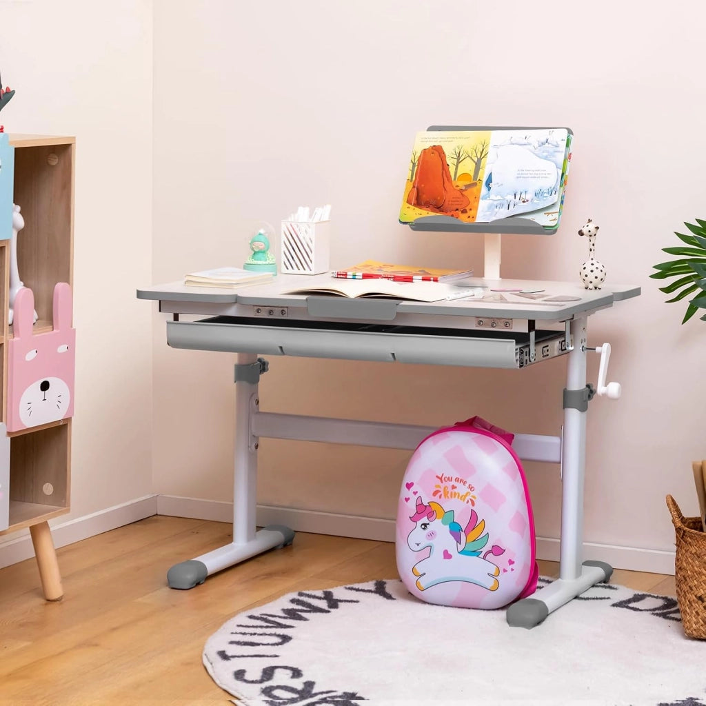 Scrivania per Bambini, Tavolo per Studenti con Regolabile in Altezza, con Piano Ribaltabile, Libreria, Cassetti e Righello di Misurazione, Ergonomica, Ideale per Bambini 3-12 Anni (Grigio)