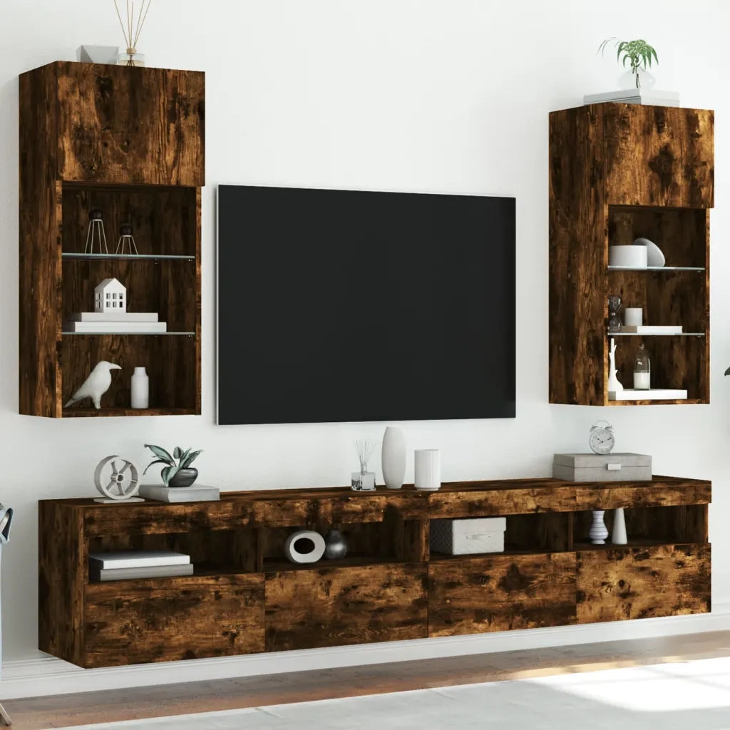 Mobili Porta TV con Luci LED 2 pz | Armadietto TV | Mobile Porta TV Rovere Fumo 40,5x30x90 cm