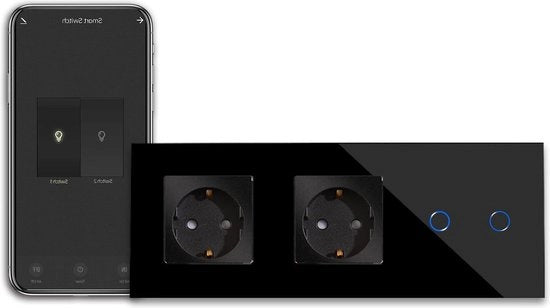 Doppio Interruttore a Doppio Contatto con Scatola di Comando WLAN - Interruttore Intelligente WiFi per Alexa Google Home - Pannello in Vetro Nero con Indicatore di Stato LED