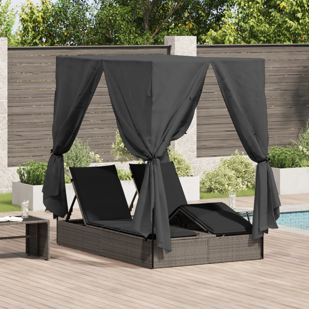 Lettino doppio  con tetto e tende in polyrattan grigio
