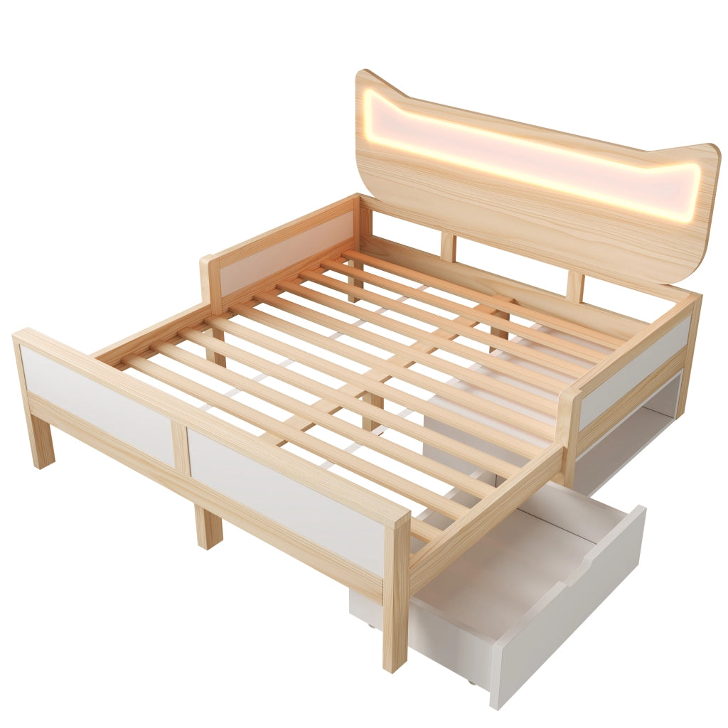 Letto matrimoniale 140x200 cm con testiera a forma di gatto, LED RGB, cassetto e contenitore, bianco e rovere