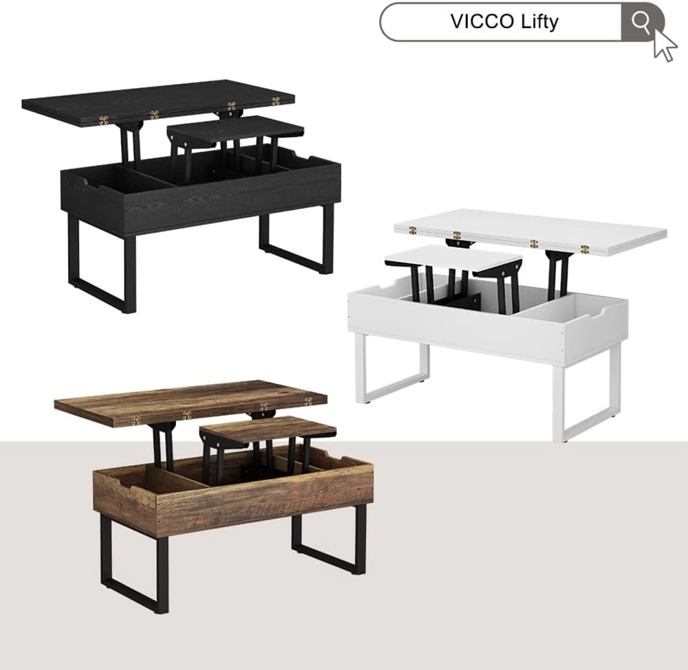 tavolino soggiorno Lifty, Rovere rustico, 100 x 50 cm con funzione di sollevamento, estendibile con piano regolabile in altezza e spazio contenitore