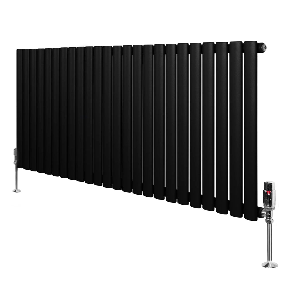 Radiatore Orizzontale Ovale 600x1440mm Nero con Valvole TRV