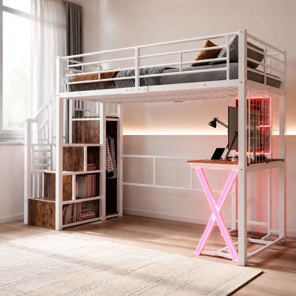 Letto a soppalco 90x200 cm in metallo e MDF con scrivania, guardaroba, scala contenitore e luci LED