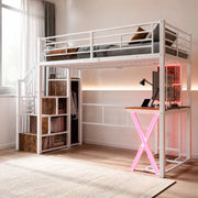 Letto a soppalco 90x200 cm in metallo e MDF con scrivania, guardaroba, scala contenitore e luci LED