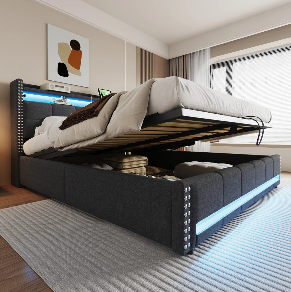 Letto imbottito 180 x 200 cm grigio con LED, USB, testiera con ripiani e vano contenitore