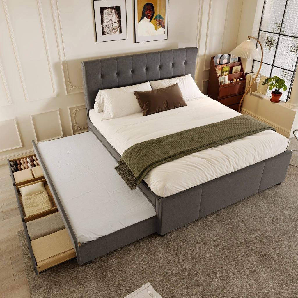 LETTO Estraibile 140x200 cm Lino Grigio con 3 cassetti
