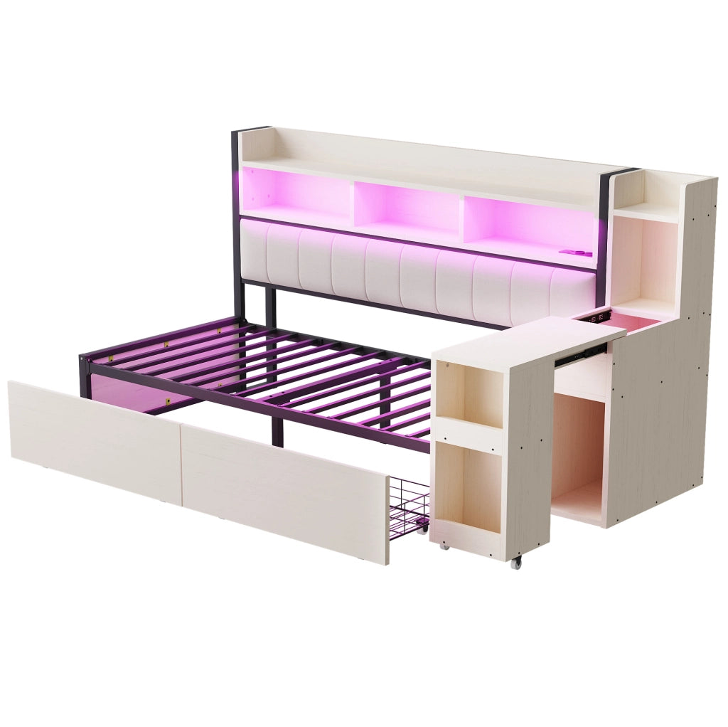 Letto multifunzionale 90 x 200 cm con cassetti; scrivania mobile e prese integrate; bianco e legno
