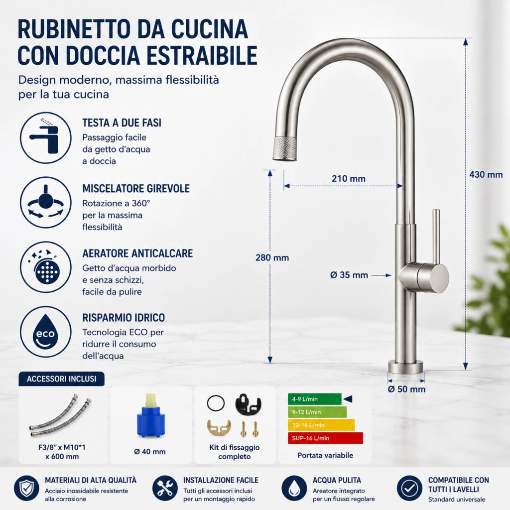 Rubinetto Miscelatore da Cucina Acciaio Satinato Con Canna Alta Girevole 87956