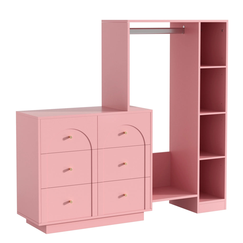 Armadio multifunzione aperto con 6 cassetti, barra appendiabiti e ripiani laterali, rosa, 139 ¡Á 35 ¡Á 133 cm