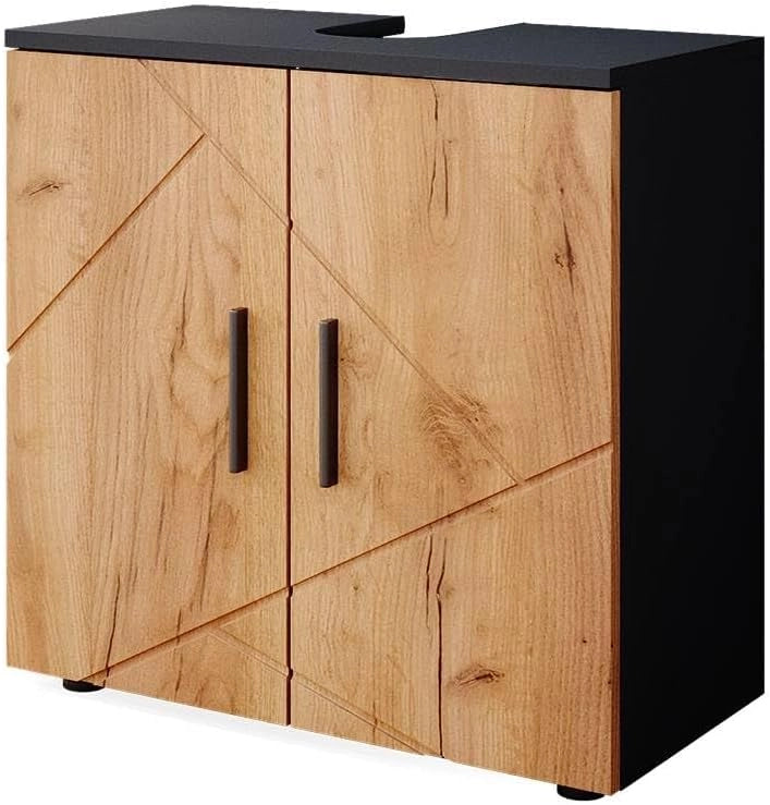 Mobile sottolavabo per bagno Irma, Quercia dorata/antracite, 60 x 59 cm, con ritaglio per sifone e ripiano interno per conservazione