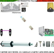 Automazione per Cancello da 3,5 Metri Kit Base Ricambio Motore Elettromeccanico 230 V Stelo Retrattile Reversibile Corsa 600 mm Spinta 250 Kg Centrale 2 Radiocomandi Fotocellule Faro Selettore Chiavi